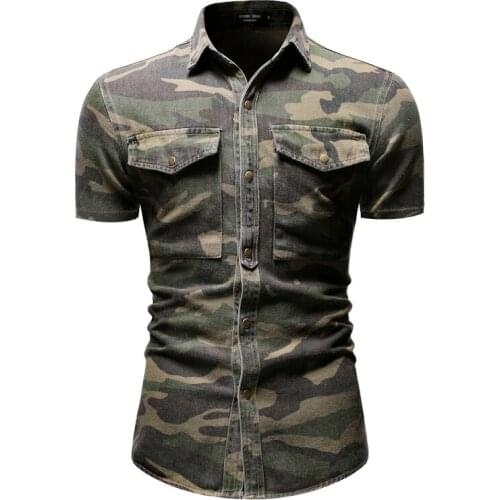 2021 New Casual Vintage Camouflage Denim Shirt Spring Printed Mens Shirt Large Pocket Loose Short-sleeved Shirt for Men