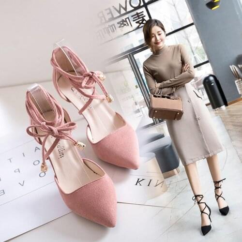 Spring 2021 New Womens Heeled Shoes Solid Pointed Toe Ankle Cross Strap Stiletto Heel Skin-friendly Sweet Elegant Shoes