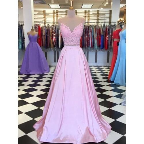 Charming Pink Two Pieces Set Double Spaghetti Straps Lace Tops A-line Long Party Dress