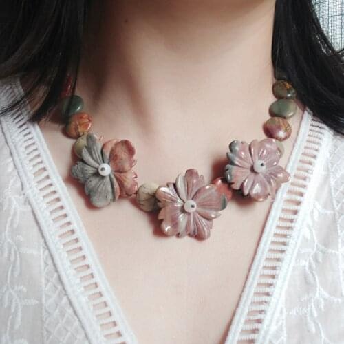 Lii Ji Real Stone Beige Color Choker Necklace Picasso Jaspers Flowers Necklace 50cm Women Jewelry Gift