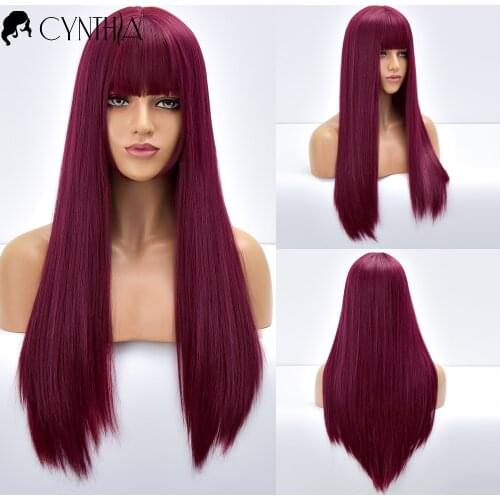 Long Straight Rose Red Daily Synthetic Wig With Bangs For Black White Women Natural Heat Resistant Cosplay Hair Cosplay Wigs