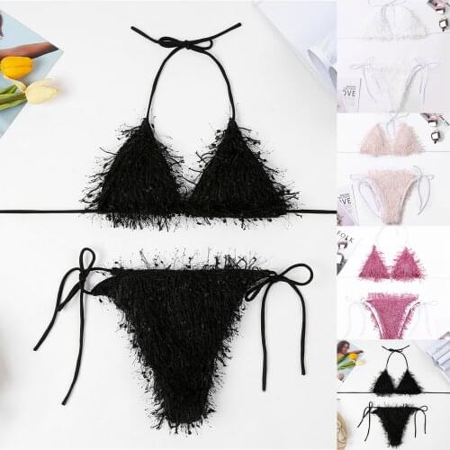 Multicolor Plush swimsuit Fringed bikini Womens Sexy High Breast Contrast Gradient Split Bikini Set One Piece Swimsuit soft F4
