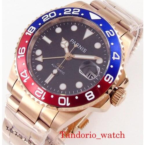 Rose Gold Plated Black Luminous Dial Parnis 40mm Sapphire Crystal GMT Function Automatic Men Watches Oyster Strap Rotating Bezel