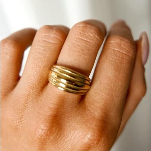 Chic Thick Wide Face Chunky Ring Waterpoof Jewelry 18K Gold Plated Stainless Steel Thread texture Finger Rings