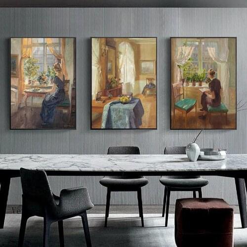 European Style Vintage Poster Woman Sitting By The Window Canvas Painting Picture for Living Room Home Decor Wall Art Mural