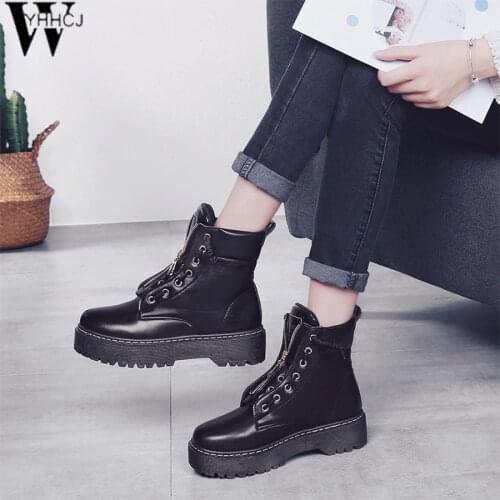 WTAB 2018 New PU Leather Ankle Boots Women Fall Winter Flat Platform Shoes Plus Size 35-42 Martins Boots Zip Motorcycle Booties