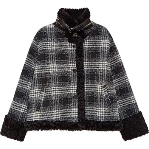 VSUE Women Black Brown Faux Fur Coat Outwear Button Warm Thick Turn Down Collar Pocket Green Plaid C0496