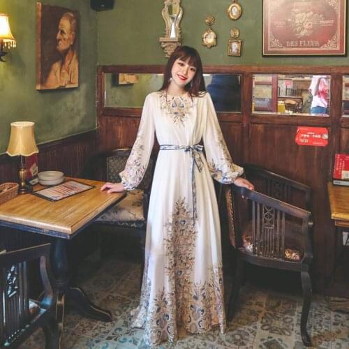 Court-style Long-Sleeved Floral Dress Retro Waist Belted White Dress 2020 Autumn New European And American Womens Wear