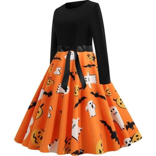 Pumpkin Halloween Women Dress Long Sleeve Princess Dresses for Woman 2021 Female Festival Party Vintage Robe Yellow Black S- XXL