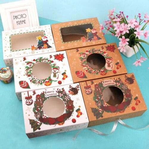 10pc Kraft Paper Christmas Gift Box Transparent Film Packaging Candy Box DIY Storage Carton Home Decoration Caker Cups Children