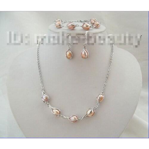 Shipping New style Natural noble jewelryCLASSIC baroque pink freshwater pearls necklace bracelet earrings set d404 (C0322)