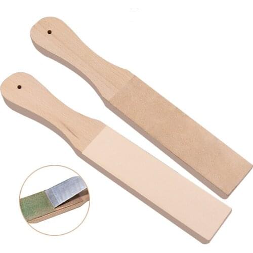 Dual Sided Wood Handle Leather Sharpening Strop Knife Razor Polishing Board with Polish Compound DIY Leather grinding tool