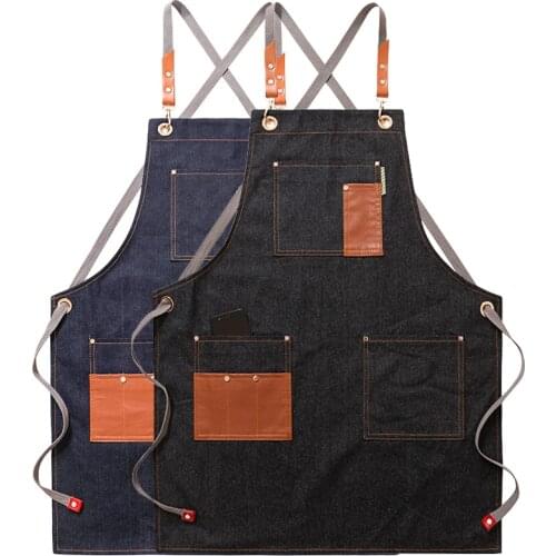 Denim Patchwork Cafe Shop House Cleaning Bibs Women Master Apron For Kitchen Accessories Cooking Baking Pocket Coffee Pinafore