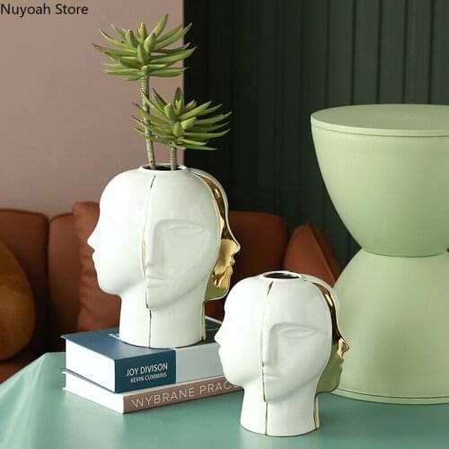 Creative Abstract Human Face Vase Light Luxury Simple Golden White Vase Living Room Dried Flowers Flower Arrangement Accessories