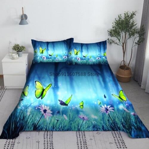 Butterfly Bed Sheet Set 3D Printed Bed Blue Flat Sheet With Pillowcase Bed Linen Gift For Kids King Queen Size