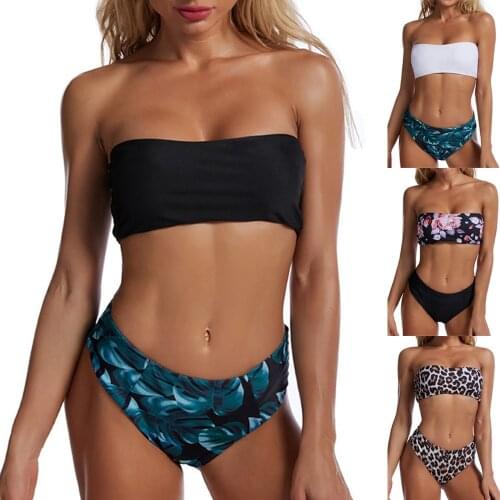 Sexy Bandeau Bikini Women Print Swimwear Push Up Swimsuit Brazilian Biquini Thong Bikinis Pads Bathing Suit Mujer Bandage Ruffle