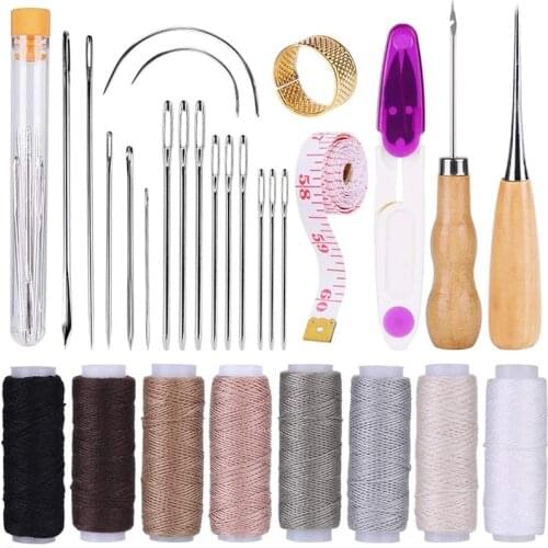 MIUSIE 30Pcs Leather Sewing Repair Kit with Sewing Thread Large-Eye Stitching Needles Awl for Leather Leather Repair Stitching
