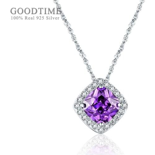Fashion Real 925 Sterling Silver Necklaces Purple Crystal Zircon Square Pendant Necklaces Chain For Women Girl Jewelry Dress Up