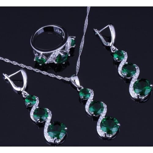 Delicate Round Green Cubic Zirconia White CZ Silver Plated Jewelry Sets Earrings Pendant Chain Ring V0033