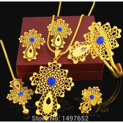Latest Ethiopian Cross Set Jewelry Necklace/Pendant/Bangle/Earring/Ring/Hairpin 24k Gold Color African Bridal Wedding Set