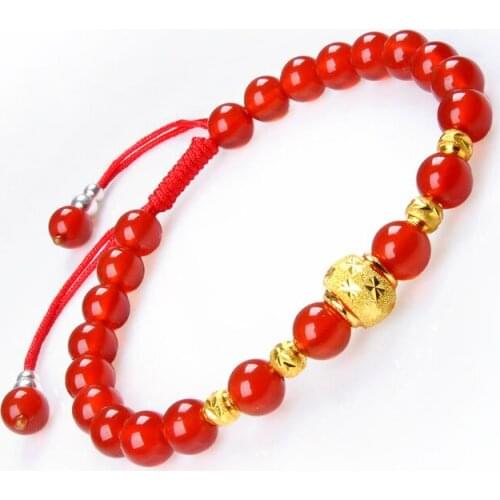 NEW Pure 24K Yellow Gold Gold Beads with Red Agate Beads Knitted Bracelet