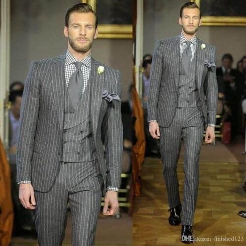 New Design Gray Stripe Groom Wedding Tuxedos Groomsmen Best Man Suits Mens Prom Party Blazer Suits 3 Pieces