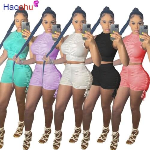 Sexy Solid Lounge Wear Two Piece Outfits Womens Costumes Ruched Sleeveless Crop Top Bodycon Shorts Activewear Workout Tracksuit
