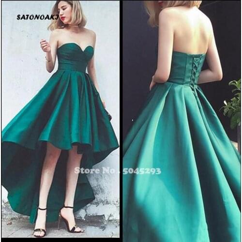 Simple Green High Low Prom Dress Sweetheart Lace Up Corset Bodice A Line Satin Party Evening Gown Undefined Sukienki Online Shop