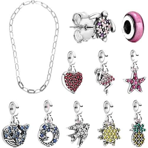 QANDOCCI 925 Sterling Silver My Blue Whale Dangle Charm Sea Single Stud Earring Link Necklace Me Series High Quality Pendant