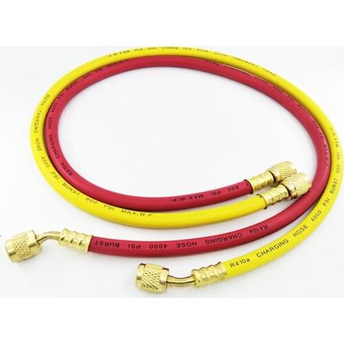 R410A CHARGING HOSE WORKING PRESSURE 800 PSI BURST PRESSURE 4000 PSI YELLOW AND RED MATCHING REFRIGERATION PRESSURE GAUGE