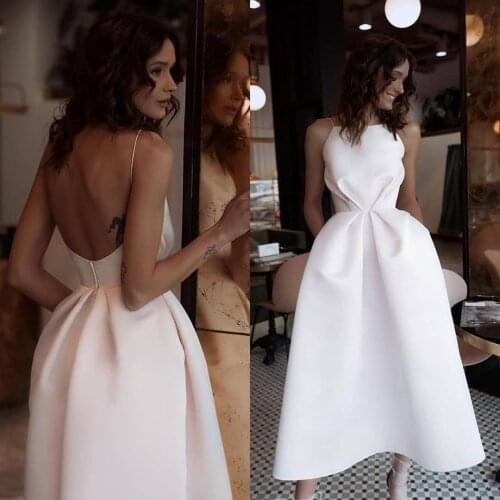 Sexy White Tea Length Cocktail Dresses Spaghetti Straps Satin Open Back Simple Formal Occasion Party Gowns