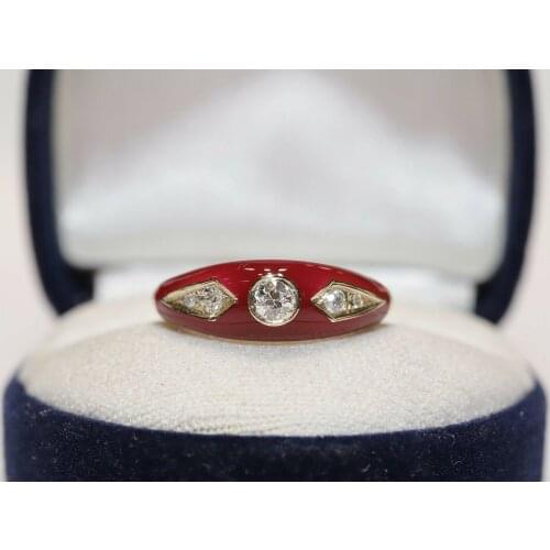 VINTAGE STYLE 14K GOLD OUR DESIGN ENAMEL AND NATURAL DIAMOND DECORATED RING