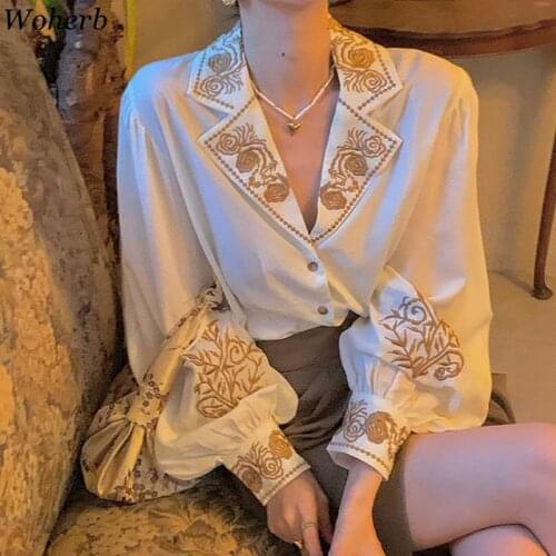 Woherb Vintage Floral Embroidery Blusas Mujer Elegant Women Blouses and Tops Autumn Short 2020 Ladies Shirts Chemisier Femme