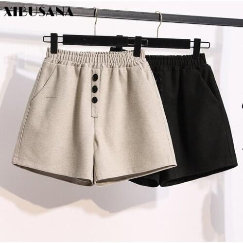 XIBUSANA Autumn Winter Solid Warm Woolens Shorts Women Korean Elastic High Waist Width-leg Shorts Female Fashion Plus Size 5XL