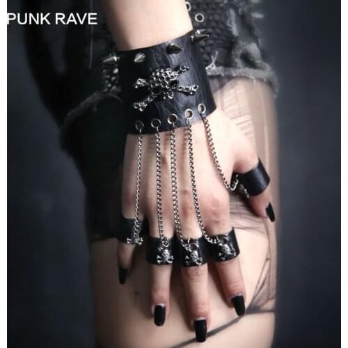 PUNK RAVE Rock Style Women Skull Spike Glove Gothic Female Bracelet Black Steampunk PU Leather Skull Cuff-One Glove Cool
