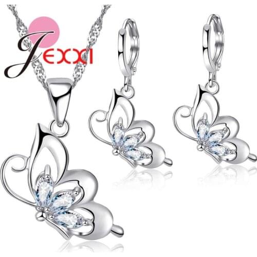 Elegant Cubic Zirconia Butterfly 925 Sterling Silver Jewelry Sets for Women Wedding Necklace Pendant Hoop Earrings