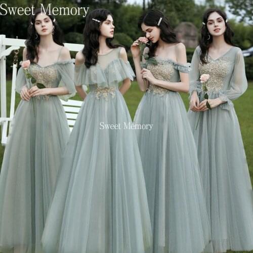 2021 Trend Spring Summer Women Appliques Lace Green Bridesmaid Dresses Wedding Party Prom Robe Evening Dress Sweet Memory