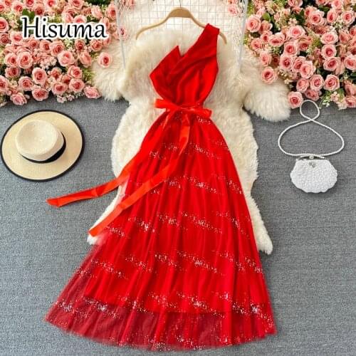 2021 autumn new womens diagonal collar sequins chiffon with gauze party dress female Chic elegant waist mesh A-line dresses