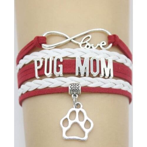 10PC/lot Infinity Love Pug Mom Paw Charm Wrap Bracelets Pug Paw Print Charms Animal Bracelet Gifts Women & Men Bracelets Jewelry