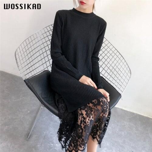 2019 sexy dress autumn Dress Lace Split Loose Long Knitting Dress vintage women Sweater dresses fall elegant vestidos de festa