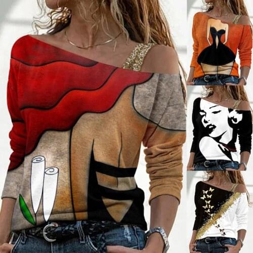 2021 Autumn Women Printed Skew Collar Vintage Fashion Sexy Long Sleeve T-shirt Casual Loose Off Shoulder Pullover Shirt Tops 3XL