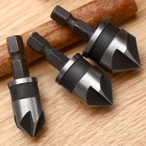 3Pcs 1/4" Hex Shank 5 Flute 90 Degree End Chamfer Debur Countersink Drill Bit Set Quick Change for Wood Plastic Carpentry Tools