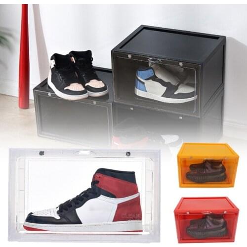 4 Colors Stackable Shoe Storage Box with Magnetic Suction Closure Lids Shoe Organizer Containers for Sneakers Transparent