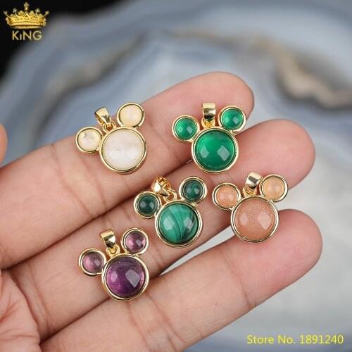 5pcs Natural Malachite Jaspers Amethys Quartz Stone Mini Mouses Beads Pendant Jewelry,Gold Crystal Charms For DIY Jewelry Making