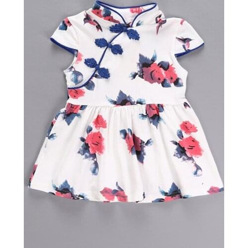 Free Shipping Baby Girl Cotton Clothes Blue Princess Dresses Chinese Brush Drawing Cheongsam Collar Pan Button Knee Length Dress