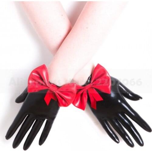 Black Rubber Latex Fetish Short Gloves with Bow-knot RLM100
