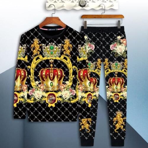 Trendy mens long-sleeved T-shirt casual loose large size mens 3D lion crown pattern T-shirt trousers mens suit spring