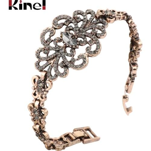 Kinel Luxury Gray Crystal Flower Bracelet For Women Antique Gold Turkish Wedding Jewelry 2018 New