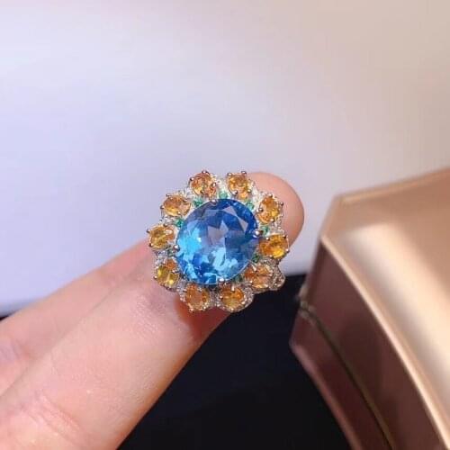 Luxurious Gemstone Ring for Party 10mm*12mm Natural Topaz 3mm*4mm Natural Sapphire 925 Silver Topaz Ring Fashion Jewelry