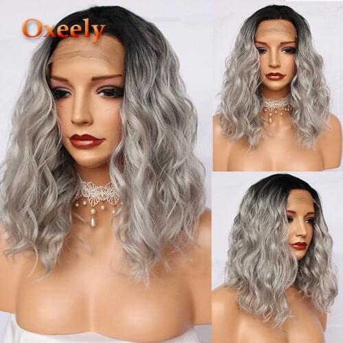 Oxeely Gray Short BOB Curly Hair Synthetic Lace Front Wigs Glueless Short Bob Loose Curl Lace Front Wig Heat Resistant for Women